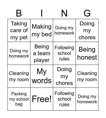 Responsibility Bingo Card