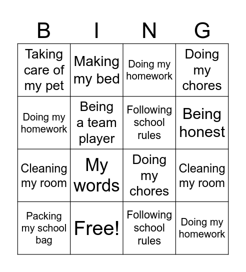 Responsibility Bingo Card