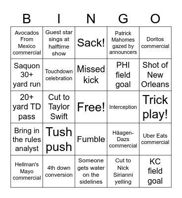 Super Bowl Bingo 2025 Bingo Card