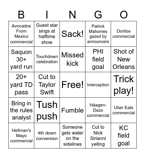 Super Bowl Bingo 2025 Bingo Card
