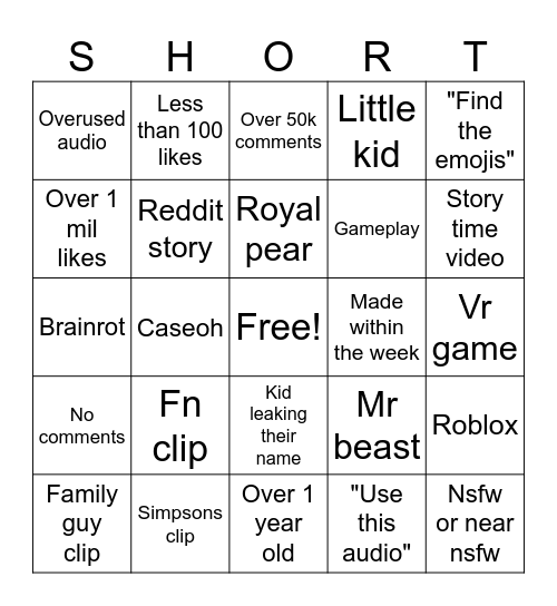 Yt shorts Bingo Card
