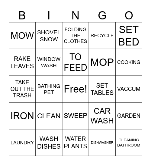 HOUSEHOLD ACTIVITIES Bingo Card