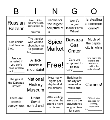Turkmenistan Clip, Unit 5 Bingo Card