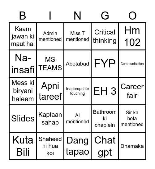 Sir jadoon Bingo Card