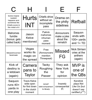 Super Bowl Bingo Card