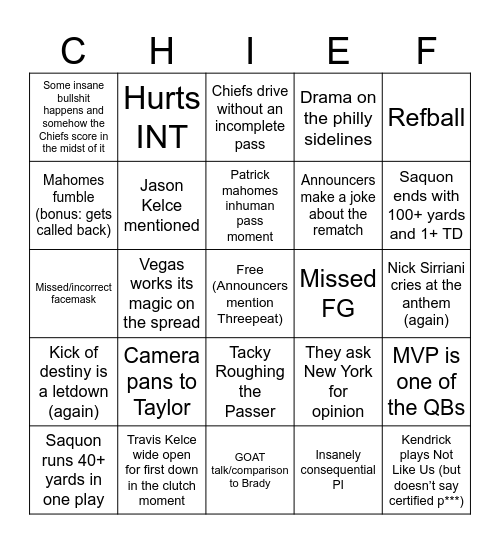 Super Bowl Bingo Card