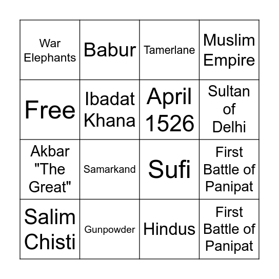 Moghul Empire Bingo Card