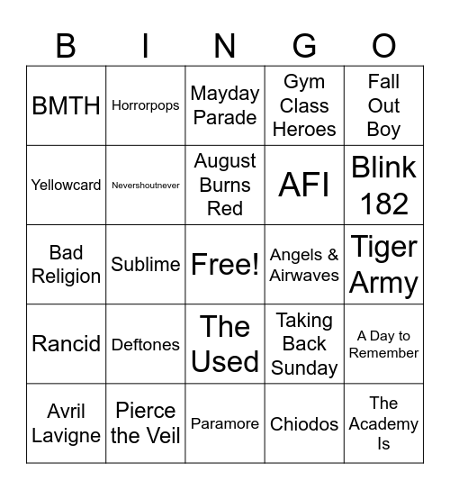 VANS WARPED TOUR Bingo Card