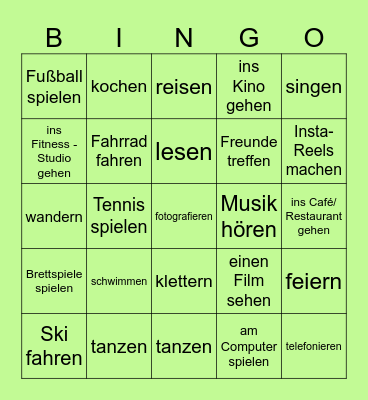 Freizeitaktivitäten Bingo Card