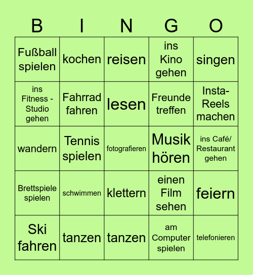 Freizeitaktivitäten Bingo Card