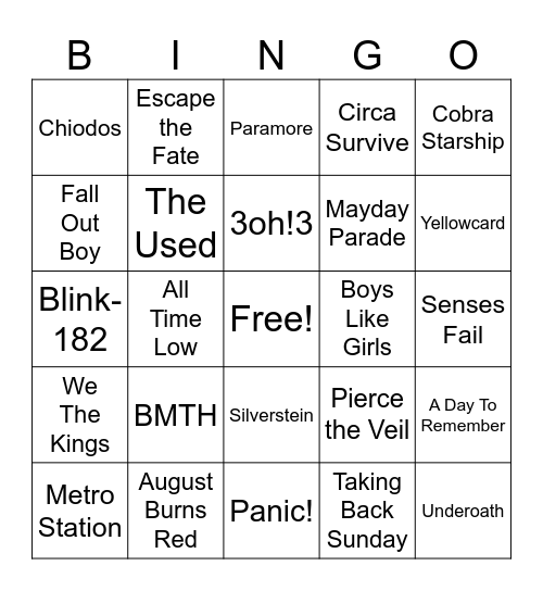 VANS WARPED TOUR Bingo Card