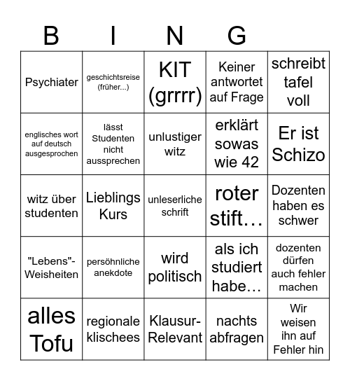 Vorlesungs Bingo Card