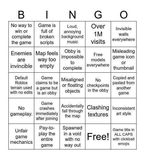Roblox Bad Games Bingo Card