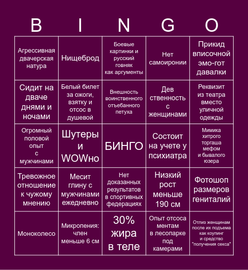 Инцел Бинго от Романа Николаева Bingo Card