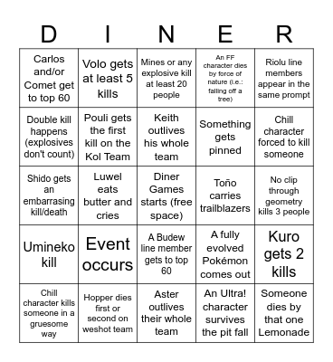 Diner Games Season 13 Bingo Card