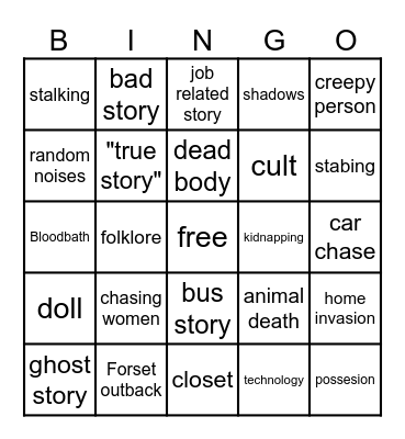Scary story bingo Card