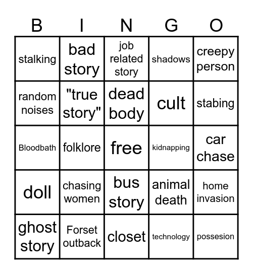 Scary story bingo Card