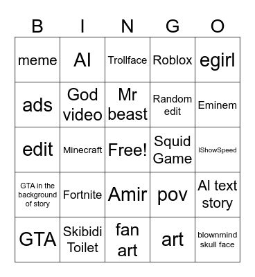 youtube shorts bingo card Bingo Card
