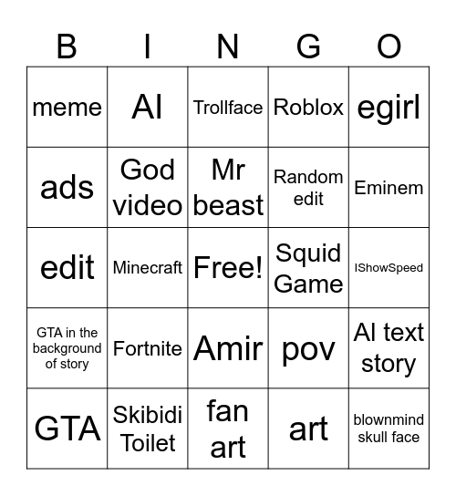 youtube shorts bingo card Bingo Card