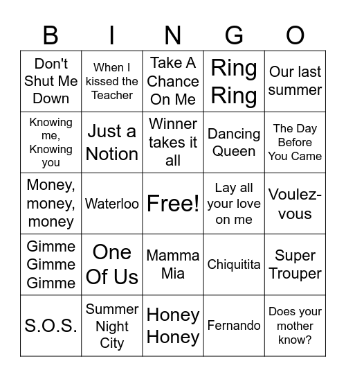 ABBA Bingo Card