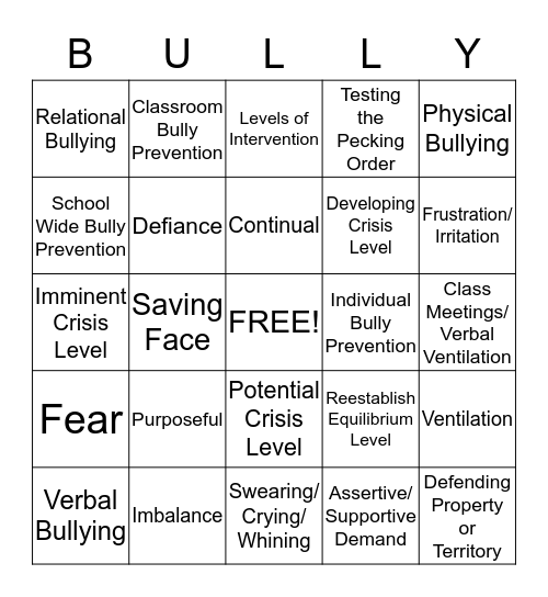 Bully/Violence Prevention Bingo Card