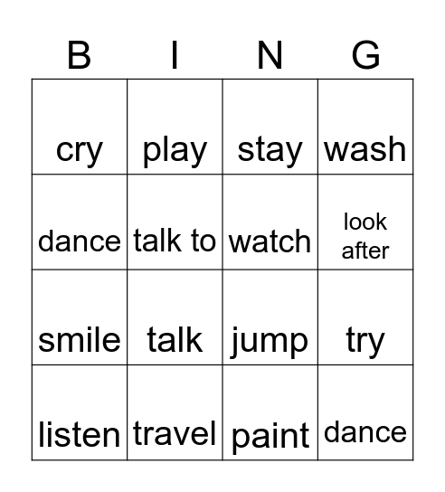 Past Simple Regular Verbs Bingo Card