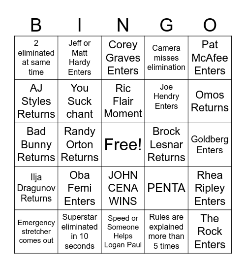 MEN'S Royal Rumble BINGO Card