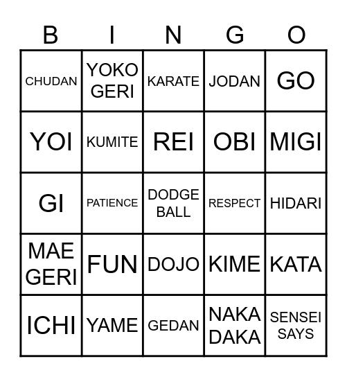 KARATE BINGO Card