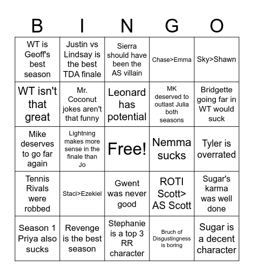 Unpopular Opinions Bingo Card