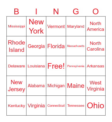 The Great 50 States! Bingo Card