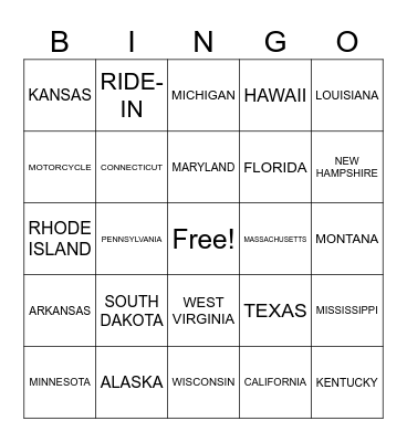 Travel (50 states & transportation) Bingo Card