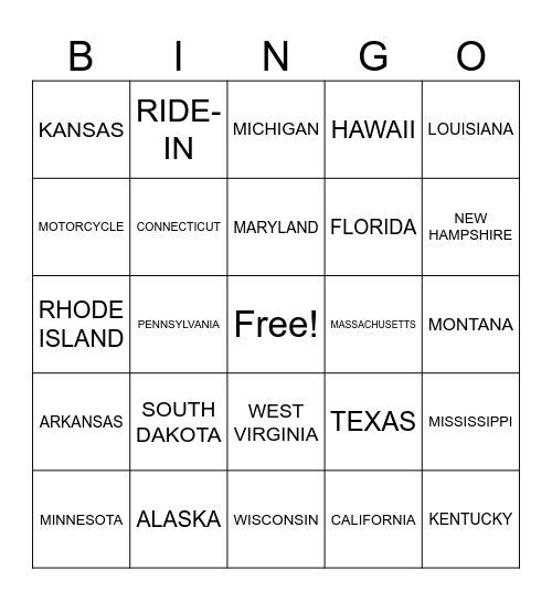 Travel (50 states & transportation) Bingo Card