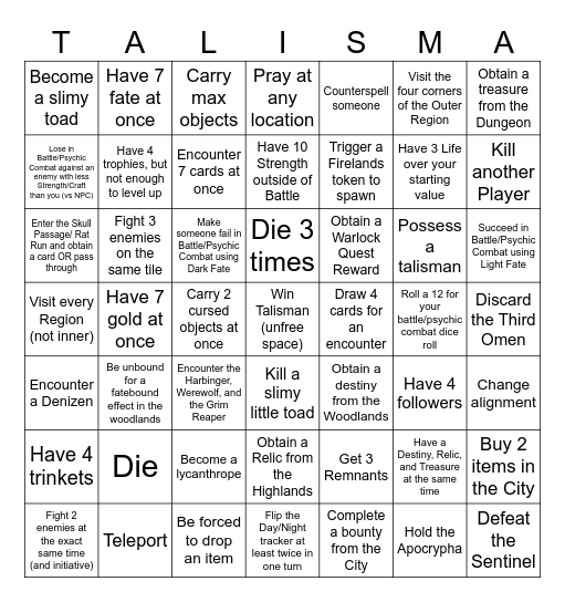 Talisman no dragon Bingo Card
