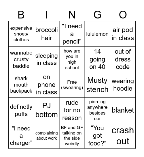 High School Bingo Card