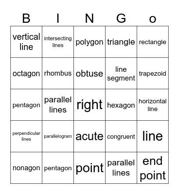 Geometry Vocabulary Bingo Card