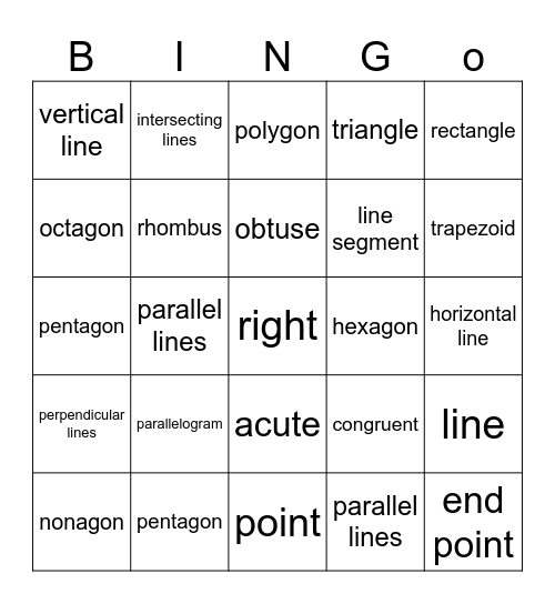 Geometry Vocabulary Bingo Card
