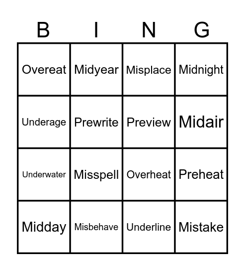 Affixes Bingo Card