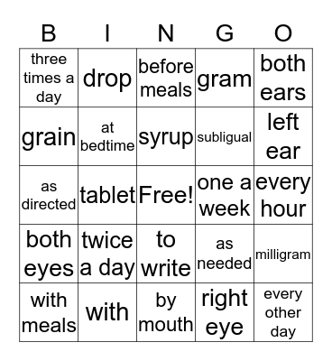 Pharmacy Sig Codes Bingo Card