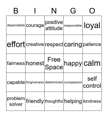 Good Character Bingo Card