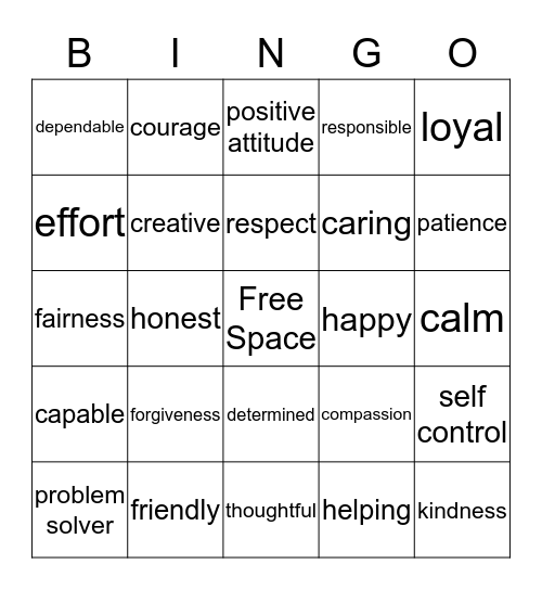 Good Character Bingo Card