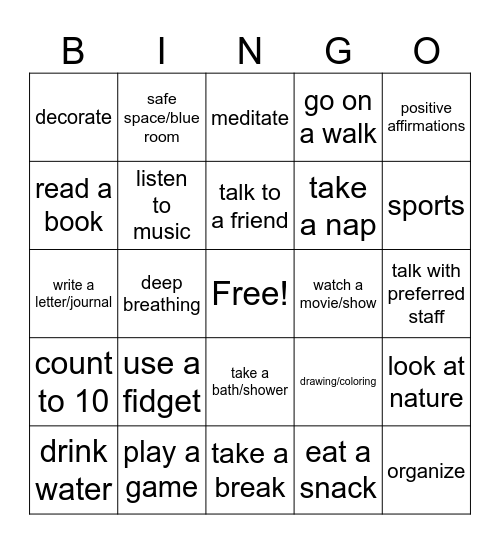 Coping Skills Bingo Card