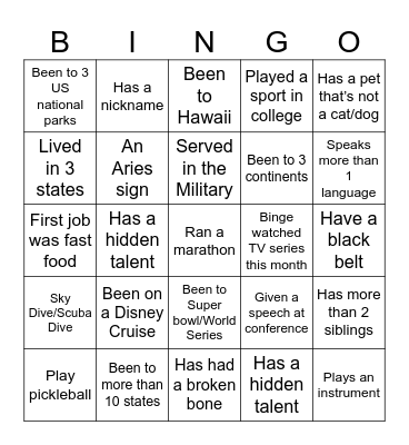 Getting to Know You Bingo Card