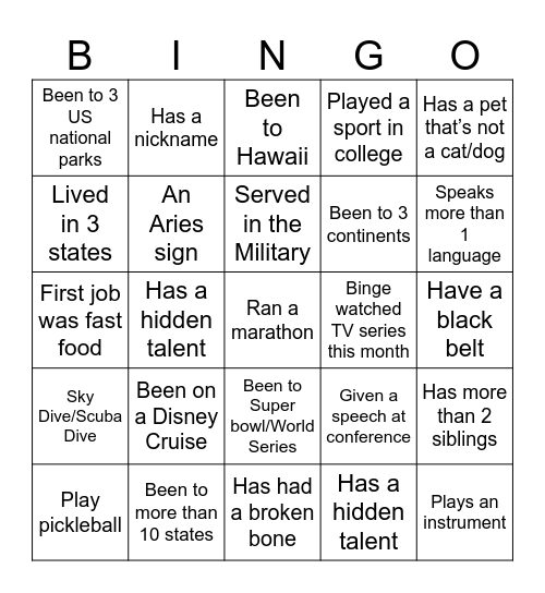 Getting to Know You Bingo Card