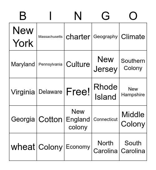 13 Colonies Bingo Card