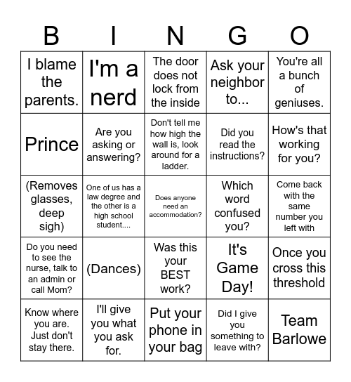 Barlowe Bingo Card