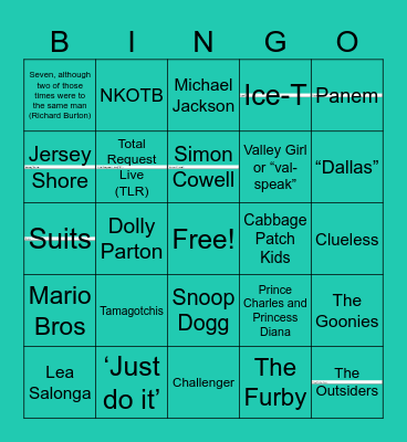 Pop Culture Trivia Bingo Card