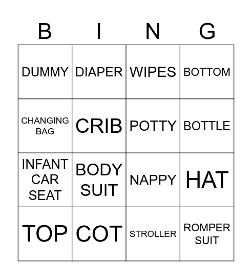 BABIES VOCABULARY Bingo Card