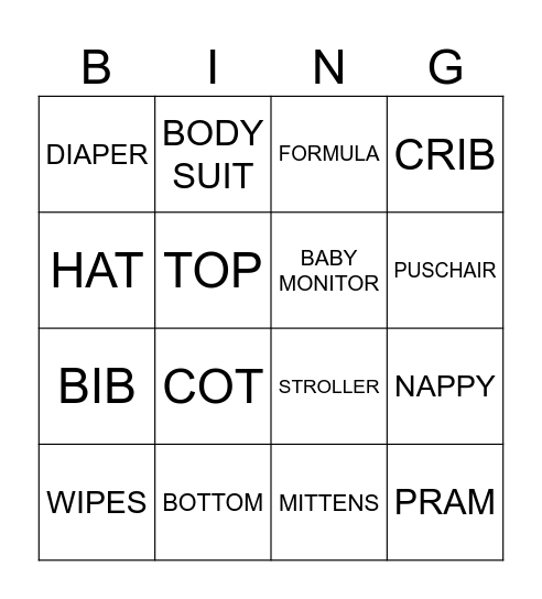 BABIES VOCABULARY Bingo Card
