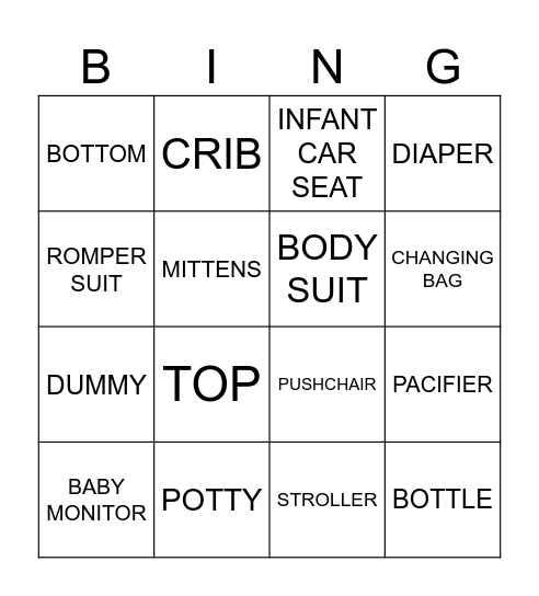 BABIES VOCABULARY Bingo Card