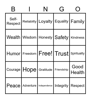 Values Bingo Card